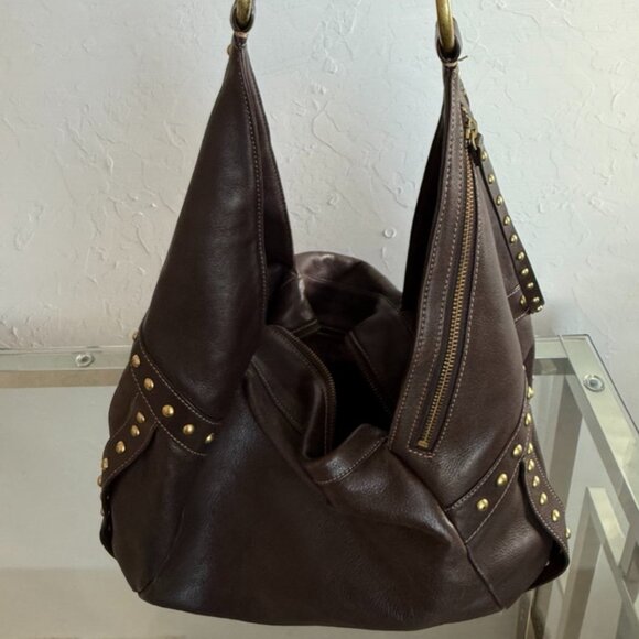 Kenneth Cole Brown Leather Studded Hobo Shoulder Bag — Brass Hardware — Large - Picture 2 of 8